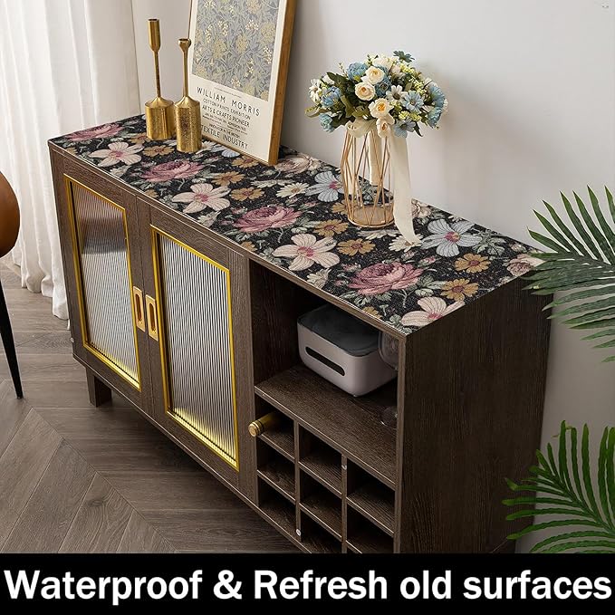 Black Retro Floral Shelf Drawer Liner for Kitchen Cabinets 16IN x 10FT Non-Adhesive, Waterproof Strong Non-Slip Shelf Cabinet Drawer Liners for Dresser Table Cupboard Liners,Easy to Clean