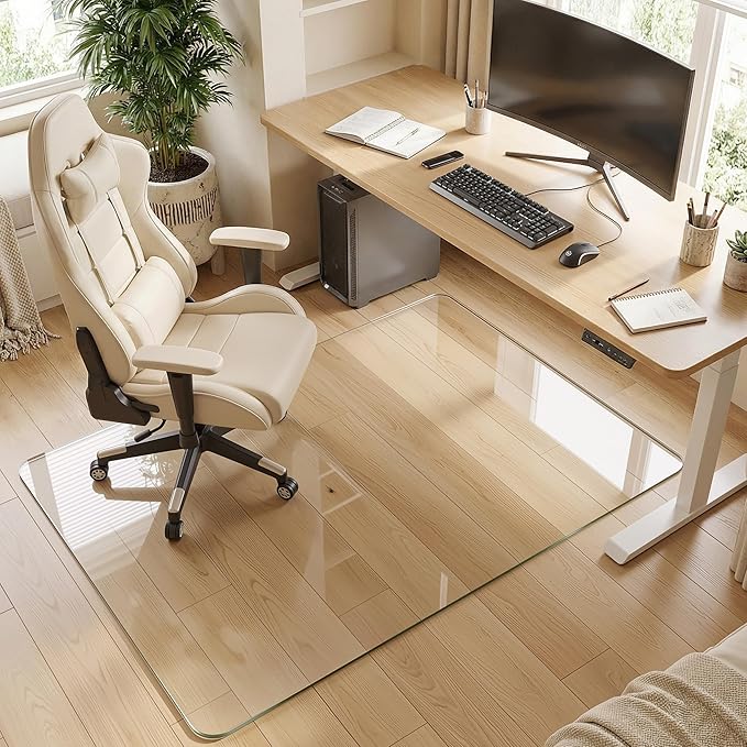 Tempered Glass Chair Mat for Hardwood Floor, 36" x 48" Heavy Duty Glass Office Chair Mat, for Low Pile Carpet, 0.2" Thick with 4 Non-Slip Pads, Smooth Rolling for Home & Office