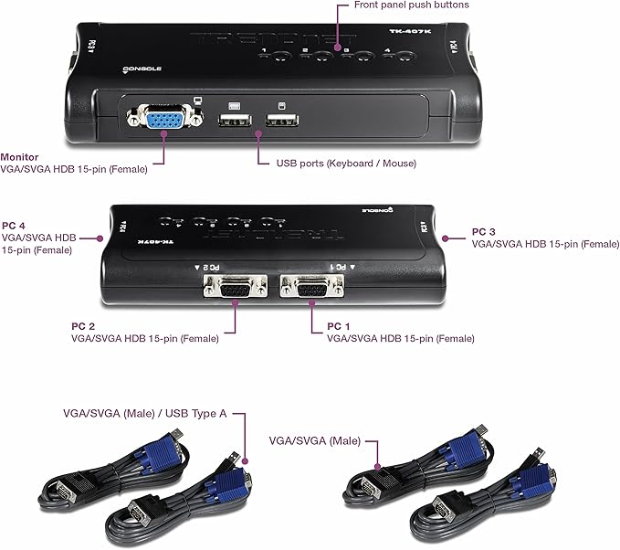 TRENDnet 4-Port USB KVM Switch, TK-407K, Control Up to 4 Computers, Windows, Linux, Mac OS Compliant, 2048 x 1536 VGA Resolution, NDAA & TAA Compliant, KVM Cables Included, Black