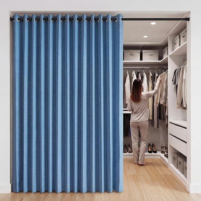 RYB HOME Accordion Style Room Divider Curtain-100% Blackout Folding Accordion Curtain for Sliding Glass Door/Bedroom, Privacy Assurd Living Room/Office Drape 1 Panel with Tieback, W100 x L96, Blue