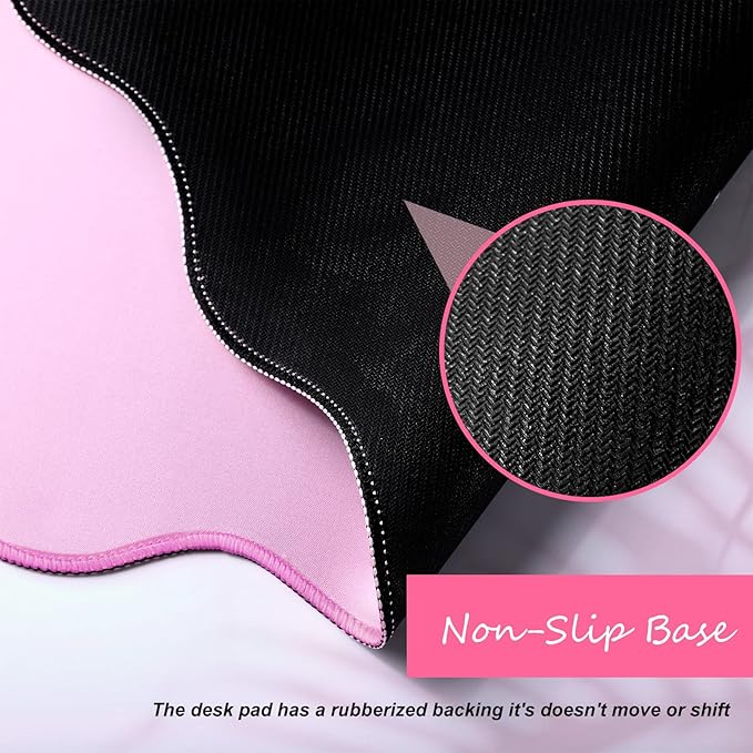 Hahafelt Scalloped Desk Mat Large Scalloped Piping Cute Desk Mat Aesthetic Preppy Table Pad Large Nonslip Pad with Edge Stitching Waterproof Gaming(Pink,23.6 x 13.8 Inches)