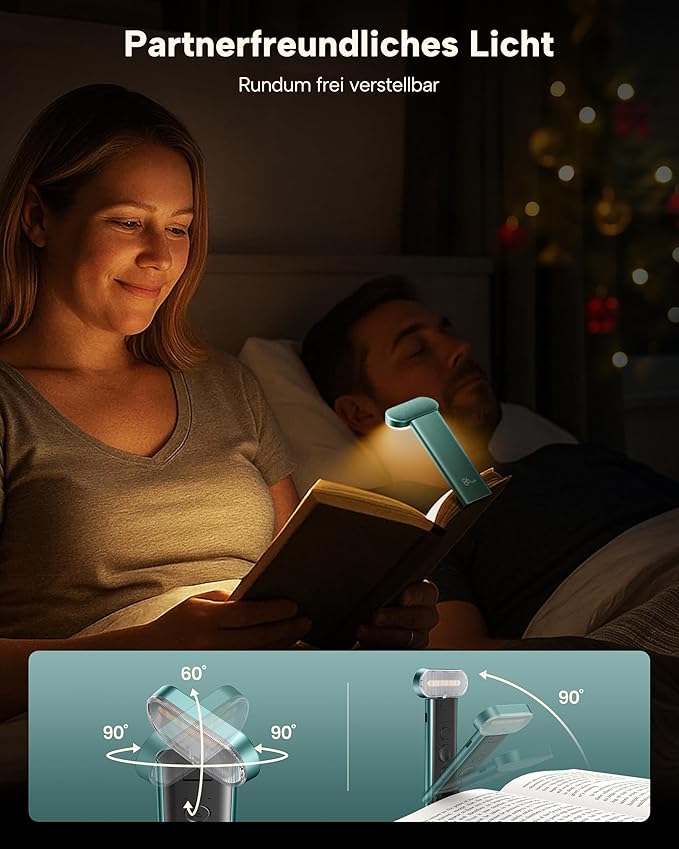 86lux Book Light, Reading Light for Book in Bed, USB Rechargeable LED Night Light with 3 Colors & Stepless Dimming, Aluminum Alloy Bookmark Light for Book Lovers, Aqua