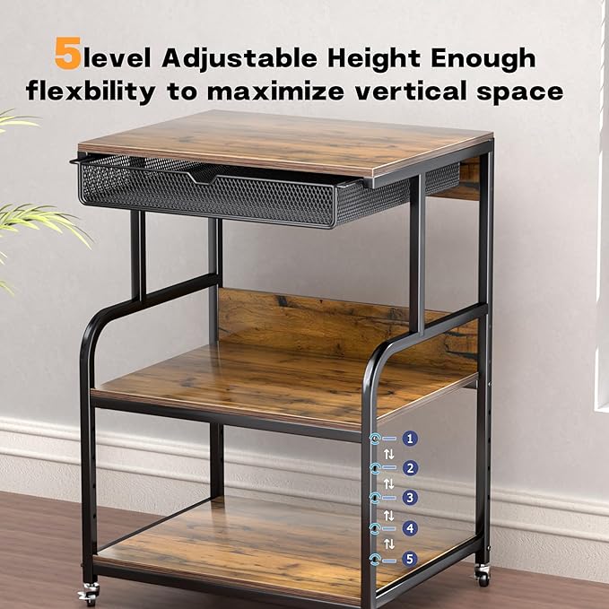 Large Printer Stand with Storage Shelf, Industrial Rolling Printer Cart Holder with Lockable Wheels, 5-Adjustable Heights, 3D Scanner Fax Printer Table for Home Office Use