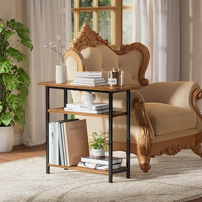 Simple Trending Narrow Side Table, 3-Tier End Table with Wide Storage Tabletop, Nightstand for Bedroom Living Room, Rustic Brown