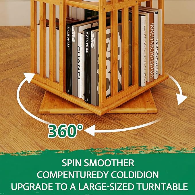 Lauxery Rotating Bookshelf Tower– 6 Tier 360° Spinning Bookshelf | Space-Saving Floor Standing Bamboo Revolving Bookcase for Small Space, Home Offices & Reading Corners | Nature