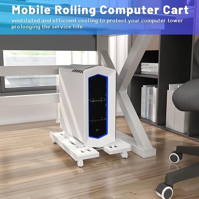 PC Stand, Mobile CPU Stand for Floor, Adjustable CPU Rolling Stand, Under Desk Computer Tower Stand, Computer Mobile Cart Holder with Locking Caster Wheels PC Tower Stand for Home and Office - White