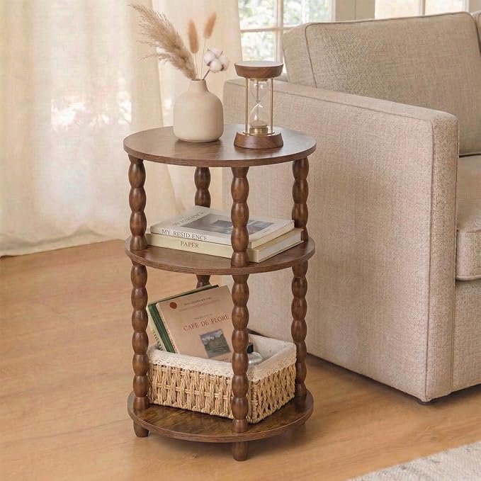 Round Side Table with 3-Tier Shelves, Small End Table with Solid Wood Legs for Living Room Bedroom, Modern Circular Coffee Table Nightstand for Small Spaces, Easy No-Tool Assembly
