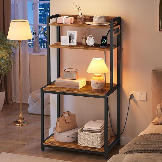 HOOBRO Printer Stand with Charging Station, 4-Tier Printer Table with Storage, Large Tall Printer Shelf, for Home Office, Kitchen, Living Room, Black and Rustic Brown BF13UPS01