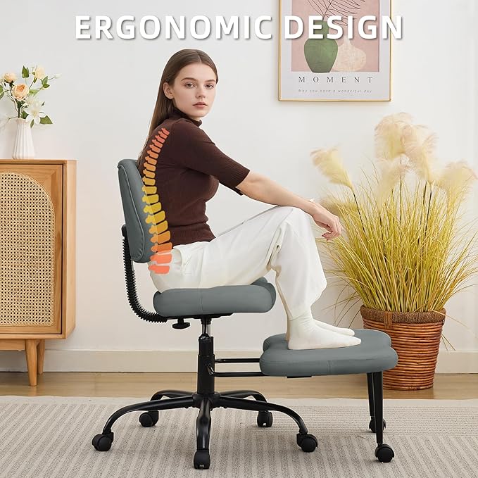Criss Cross Legged Meditaion Chair,Exquisite Home Office Furniture,Ergonomic Kneeling with Lumbar Support and Adjustable Height Stool,for ADHD Adults,Teddy Fabric (Grey, Faux Leather)