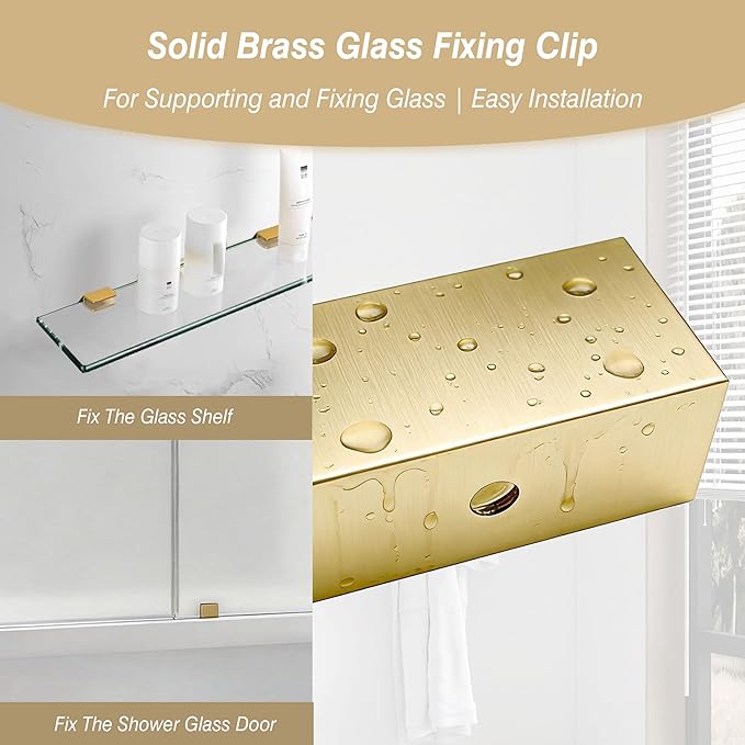 Solid Brass Glass Clamp – Fixed Mount Bracket Hardware Kit for 3/8" to 1/2" (10-12mm) Glass, Gold Finish
