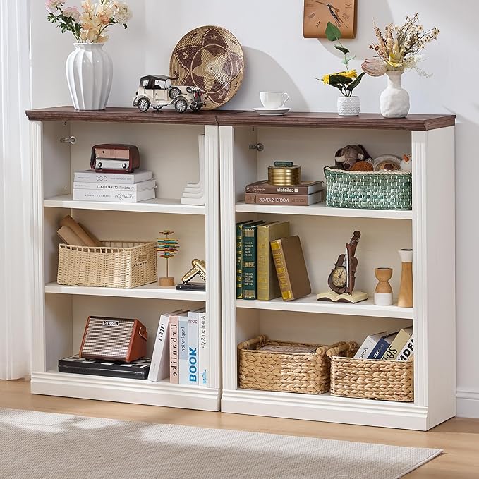 RWYHG 43" White Tall Bookshelf,3-Tier Thick Wooden Book Shelf with Adjustable Shelves,Free Standing Farmhouse Bookcase with Open Display Storage,Floor Vintage Bookshelves for Living Room,Office