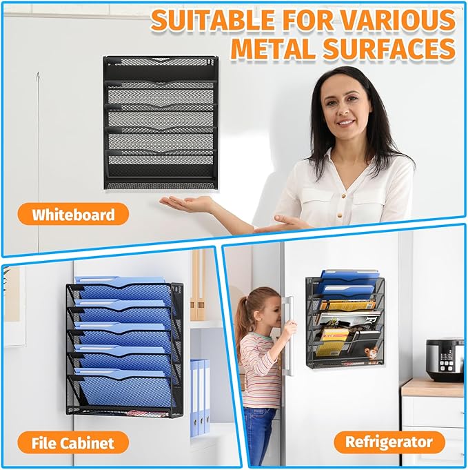 6-Tier Magnetic File Holder, No Drilling Magnetic File Organizer Folder Holder, Black Hanging Magnetic Paper Holder for Refrigerator, Whiteboard, File Cabinets, Office, Kitchen (Black, 6-Tier)