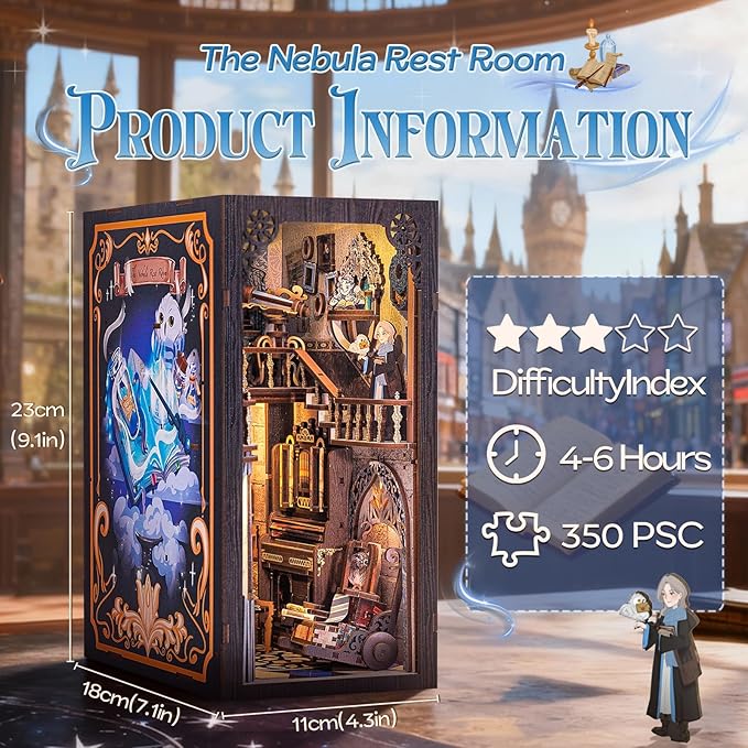 Fsolis Book Nook Kit, Bookshelf 3D Wooden Puzzles for Adults DIY Booknook Miniature Decorative Bookends with Light and Dust Cover Gifts for Women Readers Book Lovers (Nebula Common Room)