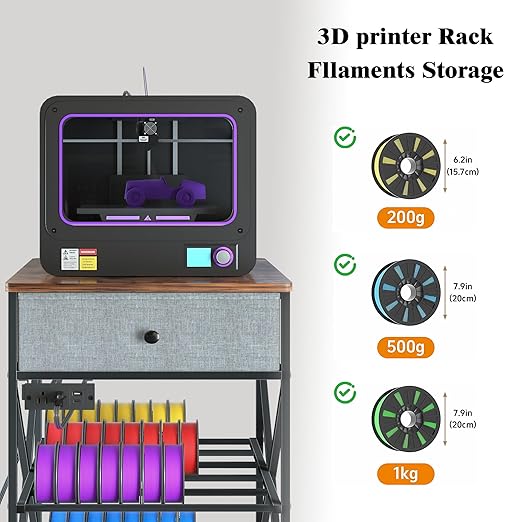 DALEHMOME 3D Printer Stand with Storage, 3D Printer Table with Power Outlet, Sturdy Metal Frame Workstation with Fabric Drawer for 3D Printing, Rustic Brown, 23.6" L x 23.6" W x 31.5" H
