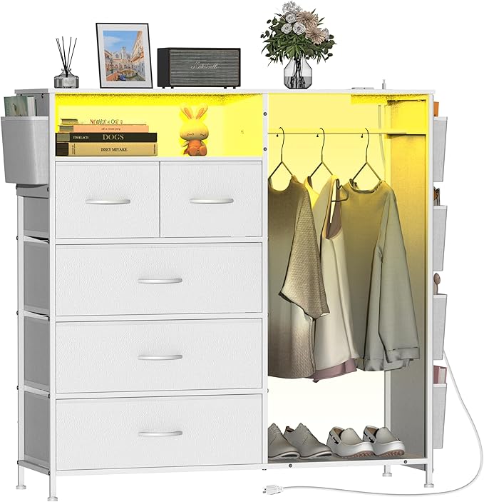 Espelism Dresser for Bedroom with Clothes Rack Side Pockets White 5 Drawers with Charging Station LED Lights Sturdy Steel Frame Wood Top Organizer Unit for Nursery Hallway Closet