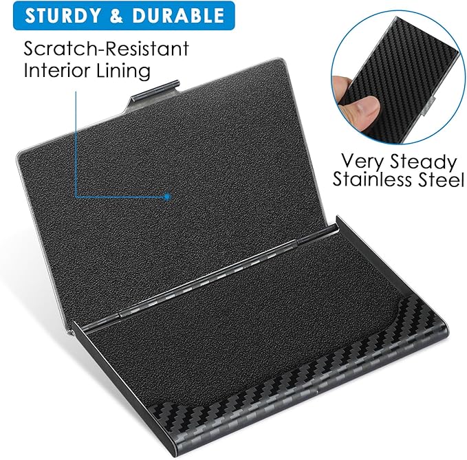 MaxGear Metal Business Card Holder for Men & Women, Stainless Steel Business Card Case Holds 10–20 Cards, Slim Pocket Name Cards Holder with Interior Lining & Buckle Closure, Black Carbon Texture