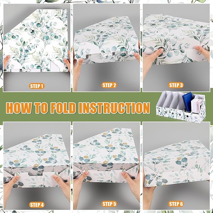 PerKoop 6 Pcs Decorative Magazine File Holders Floral Foldable File Folders Magazine Storage Boxes Rack Desk Organizer Documents with Printable Labels for School Office Home (Eucalyptus Leaves)