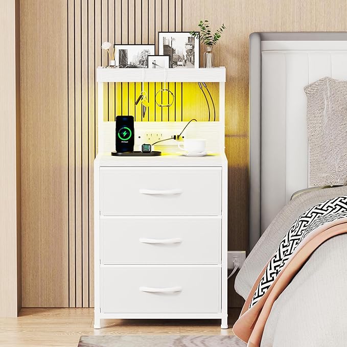 Night Stand with Charging Station Set of 2, LED Nightstand Bedside Table with USB Ports and Outlets, 3 Fabric Drawer End Side Table Night Stand Set 2 for Bedroom with Storage Shelf and 2 Hooks, White