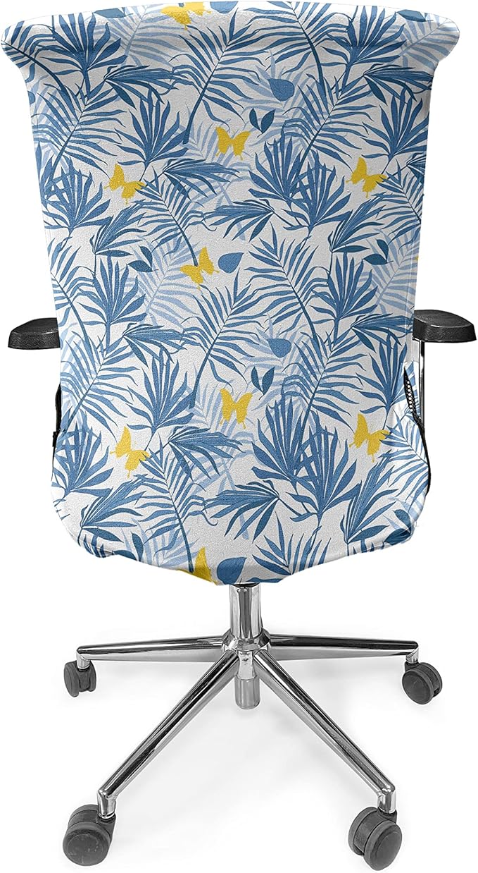 Ambesonne Tropical Office Chair Cover, Exotic Palm Leaves and Butterflies, Stretchable Decorative Universal Size High Back Printed Slipcover, Blue Azure