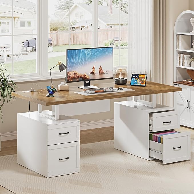 Farmhouse Desk with Drawers & Power Outlet, White Home Office Desk with Adjustable File Organizer, 71" Executive Desk with Storage, Computer Desk with Privacy Panel