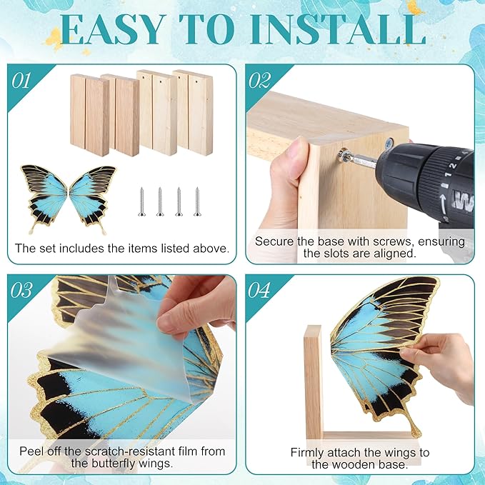 Decorative Butterfly Bookends Wooden Acrylic Butterflys Bookend Modern Bookshelf Decor Accent Book Stopper Decor for Home Farmhouse Shelves Office Lover Gift(Blue Butterfly)