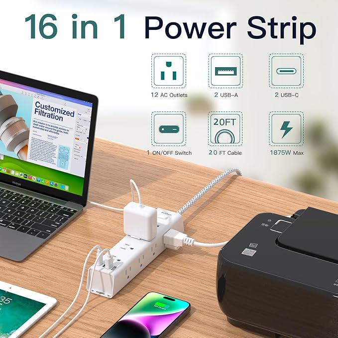 Power Strip Surge Protector with 12 AC Outlets & 4 USB Ports, 20FT Long Extension Cord, Flat Plug, Wall Mount, 1050J Overload Protection, Outlet Extender for Home Office Garage Workshop, ETL Listed