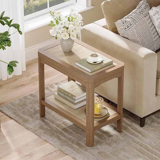 Eclatara Rattan Night Stand Set of 2 - Farmhouse 2 Tier End Table for Bedroomoom - Accent Side Table wtih Open Storage Shelves for Small Space Narrow Coffee Table Bamboo, Natural Oak