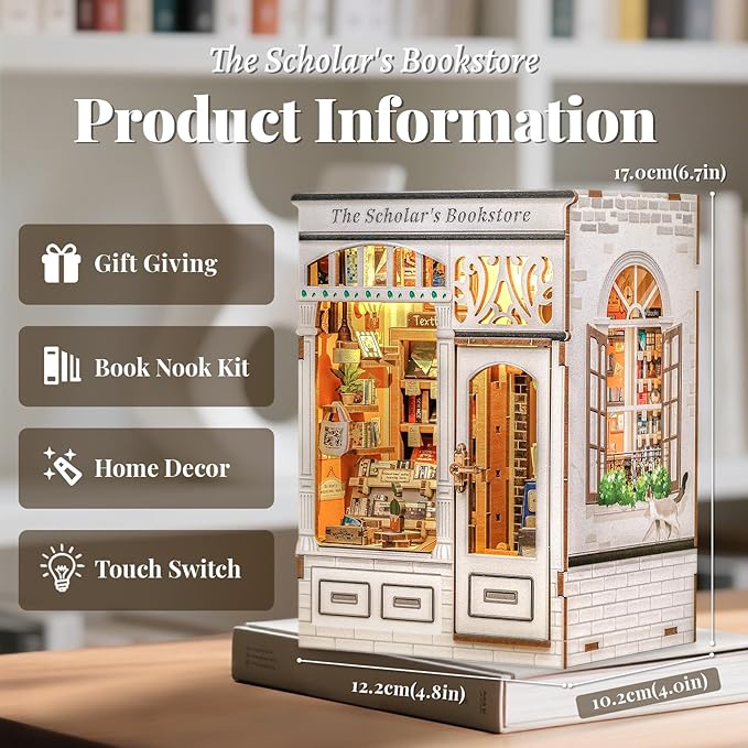 Fsolis Book Nook Kit - DIY Miniature Kit Booknook 3D Wooden Puzzles for Adults Tiny Building House Mini Bookshelf Diorama, Bookish Gifts for Women Book Lovers Readers (The Scholar's Bookstore)