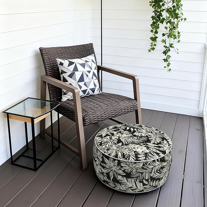 Outdoor Patio Inflatable Ottoman, 21x9 Inch Portable Stool Ottoman with Handle, Round Footrest Stool for Home Garden Camping, Tropical Leaf Black