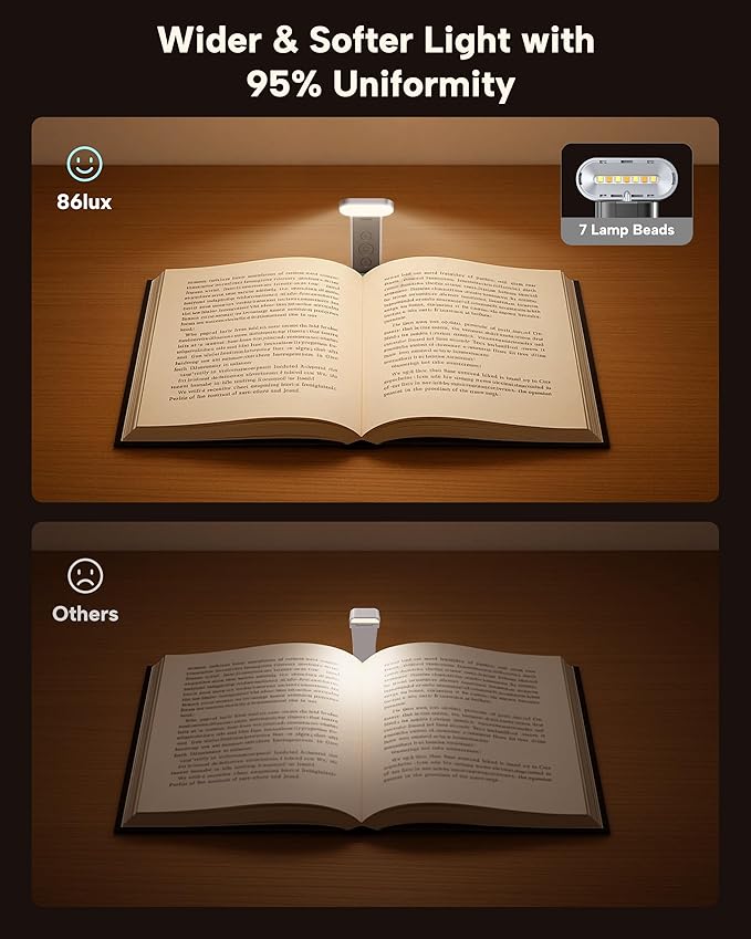 86lux Book Light, Reading Light for Book in Bed, USB Rechargeable LED Night Light with 3 Colors & Stepless Dimming, Aluminum Alloy Bookmark Light for Book Lovers, Silver White