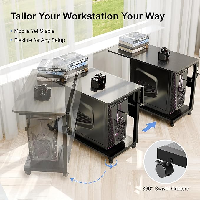 ZIFTY Large PC Tower Stand 31.5"L × 23.7"W, Adjustable Computer Stand CPU Holder Cart with Charging Station, Multi-Functional Folding Side Table for ATX Case Printer, Rolling Wheels for Home, Office