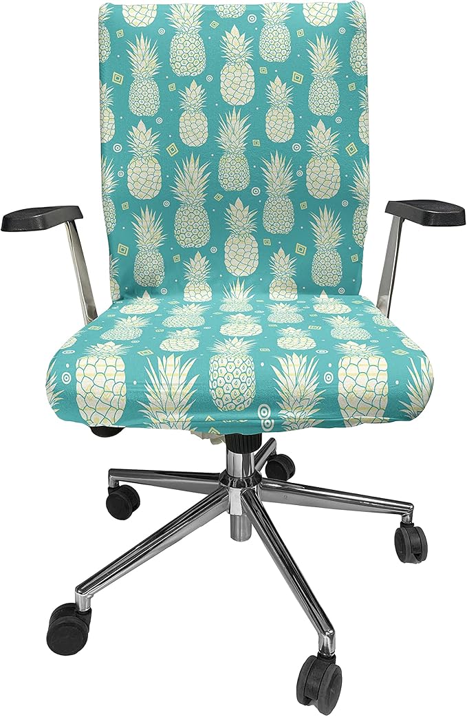 Ambesonne Pineapple Office Chair Cover, Abstract Summer Pattern with Exotic Fruit and Minimal Ornaments, Stretchable Decorative Universal Size High Back Printed Slipcover, Yellow Turquoise