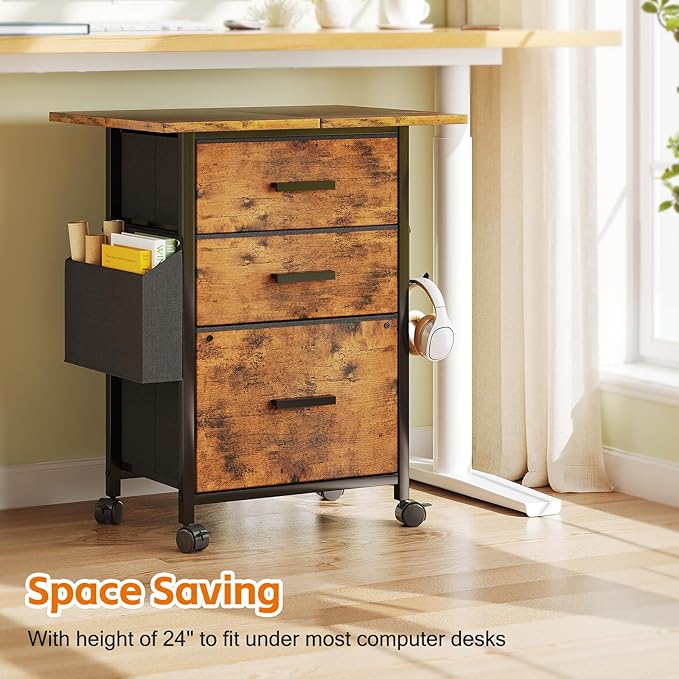 Mexin 3 Drawer File Cabinet with 24'' Extended Desktop, Mobile Filing Cabinet, Printer Stand, Rolling Printer Stand with Side Bag, Fabric Drawer, Fits A4 Size, Home Office,Rustic Brown
