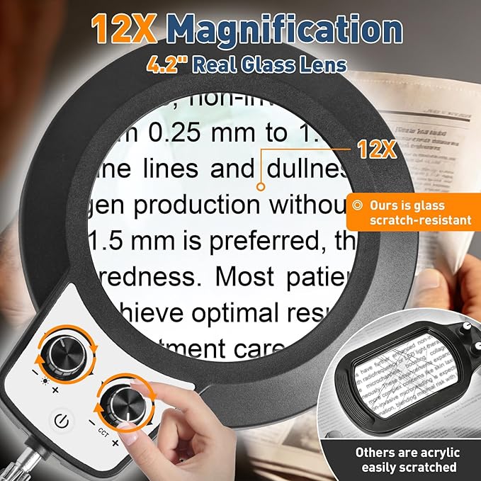KIRKAS 12X Magnifying Glass with Light and Stand, 11.2in Stable Base Magnifying Floor Lamp for Craft, Sewing, Repair, Workbench 2 in 1 Magnifier Stepless Brightness Color Modes & Adjust Height and Arm