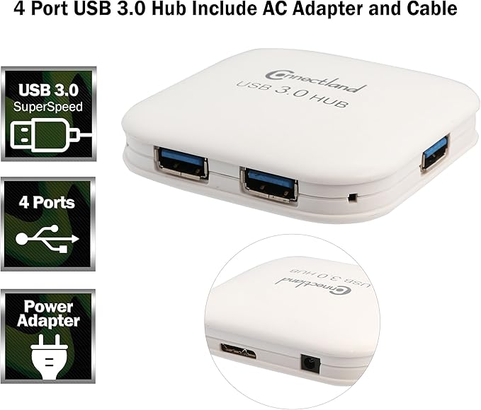 Connectland USB 3.0 4 Port Hub 5Gbps Data Transfer Rate Components Other White - CL-HUB20127