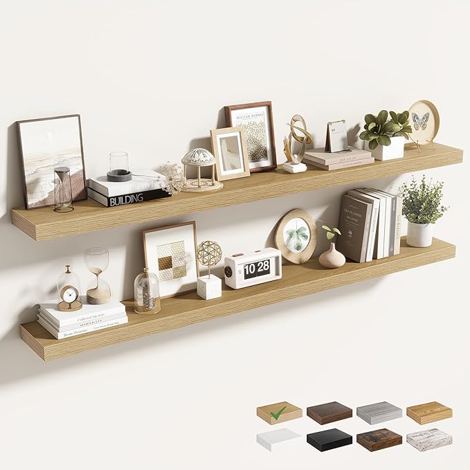Acovy 55 Inch Floating Shelves for Wall 2 Pack, 55" Wall Shelves for Books, Storage, Decor, Wall Mounted Floating Shelf with Invisible Brackets for Kitchen, Living Room, Oak