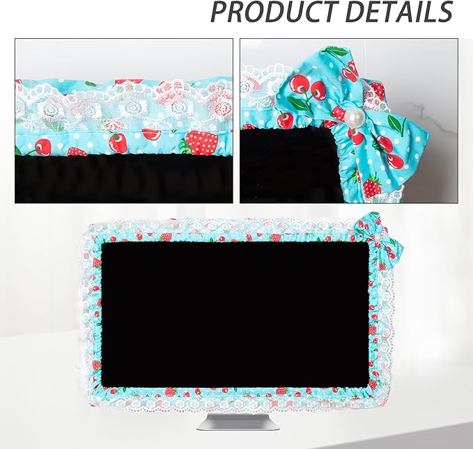 24-inch Cute Lace Fabric Monitor Cover with Elastic Pen Pocket & Bow-knot Design, Dust Protector for Computer/TV/LCD Screens - Blue