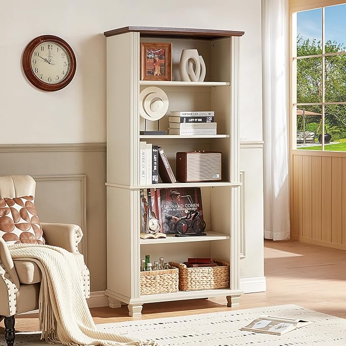 SAVOR LIFE 70" Tall White Bookshelf,5 Tier Wood Book Shelf with Adjustable Shelves & Wood Legs,Free Standing Farmhouse Bookcase with Open Display Storage,Vintage Kids Bookshelves for Nursery,Bedroom