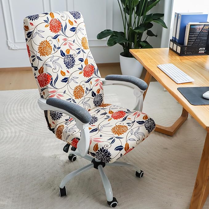 FORCHEER Large Computer Chair Cover with Arm Floral Stretch Office Chair Cover Desk Chair Slipcover 1 Piece Washable Removable