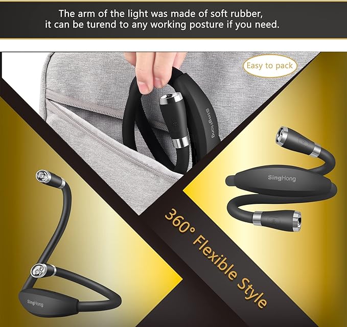 Neck Book Light LED Reading Lamp USB Rechargeable, Hands Free, 4 LED Bulbs, 4 Adjustable Brightness, for Reading in Bed or Reading in Car Lamp (Pink) (Black)