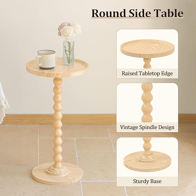 AWASEN Small Round Side Table, Round Drink Table for Small Spaces, Wood Accent End Table Living Room, Nightstand for Bedroom, Corners, Office, Natural