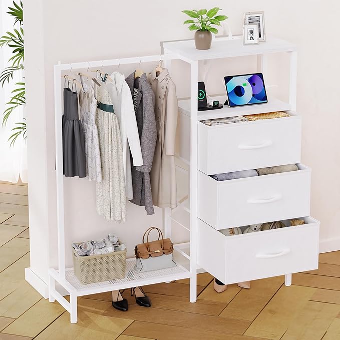 Dresser for Bedroom with Hanging Rack, 3 Drawers Closet with Charging Station, Fabric Chest of Drawers with Clothes Rack, Storage Organzier for Hallway Entryway, White
