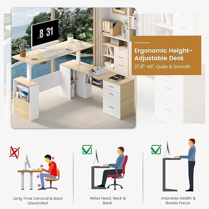 JOMEED 63" L Shaped Electric Standing Desk with Drawers, Executive Adjustable Height with Privacy Panel and Power Outlets(Oak and White)