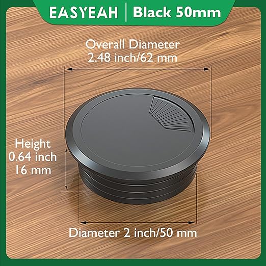 EASYEAH 2 Pcs Desk Grommet 2" / 50 mm, Desk Cord Hole Cover, Cable Grommet ABS Plastic, Desk Hole Grommet for Home & Office Pc, Detachable Adjustable Cable Cord Organizer-Black