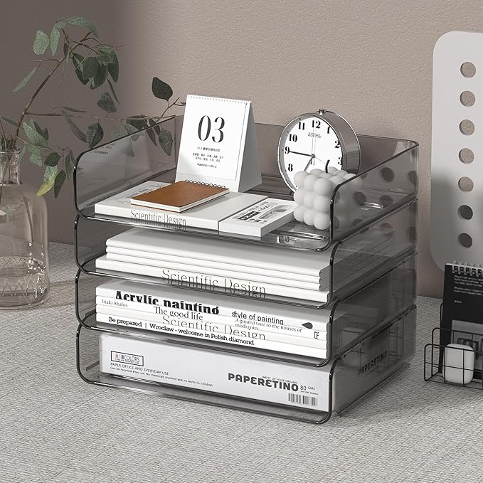 FANXIYQ 4-Tier Horizontal Acrylic Paper Tray Organizer | Clear Stackable Desk Organizer for Documents, Letters, A4 Paper | Modern Office/Classroom/Home Organization,Brown