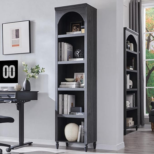 IFGET 76" Tall Arched Bookcase, Farmhouse 5 Tiers Narrow Arched Bookshelf Cabinet with Adjustable Shelves, Modern Wooden Book Shelf w/Storage and Open Display Shelves for Living Room, Office-Dark Grey