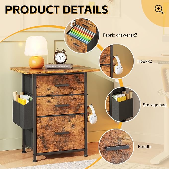 Mexin 3 Drawer File Cabinet with 24'' Extended Desktop, Mobile Filing Cabinet, Printer Stand, Rolling Printer Stand with Side Bag, Fabric Drawer, Fits A4 Size, Home Office,Rustic Brown
