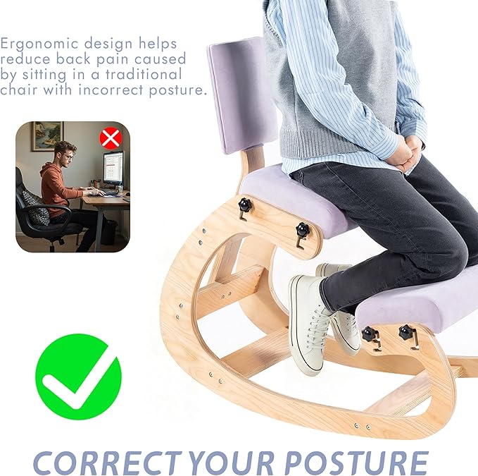 VDNEND Ergonomic Kneeling Chair with Back Support,Wooden Kneeling Chair Desk for Work, Rocking Office Kneel Chairs for Relieve Back Pain, Kneeling Posture Chairs for Gaming,Home (Light Purple)
