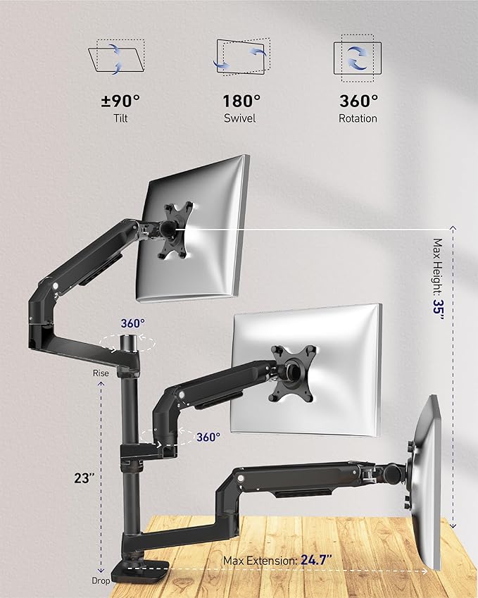 Ergounion Heavy Duty Triple Monitor Mount, Mechanical Spring 3 Monitor Arm Fits Three 13-40 Inch Screens (25 lbs/Arm), Fully Articulating VESA Desk Stand (C-Clamp/Grommet), Premium Aluminum, Black