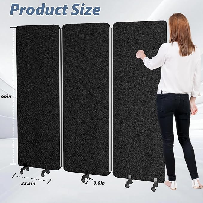 Room Divider Soundproof Privacy Panel with Wheels, 3 Panel Wall Divider (Aluminum Frame) for Room Partition, Folding Room Dividers Space Separation Office Cubicle Wall Divider Sound Proof Separator